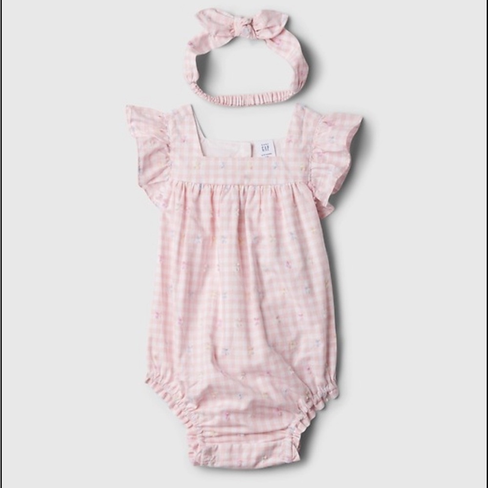 GAP Light Pink Checkered Gingham Baby Romper & Headband